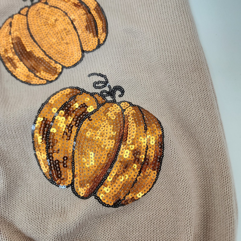 Simply Southern Cardigan Women's XL- Tan Orange Sequins Pumpkins Fall Autumn - Picture 7 of 10